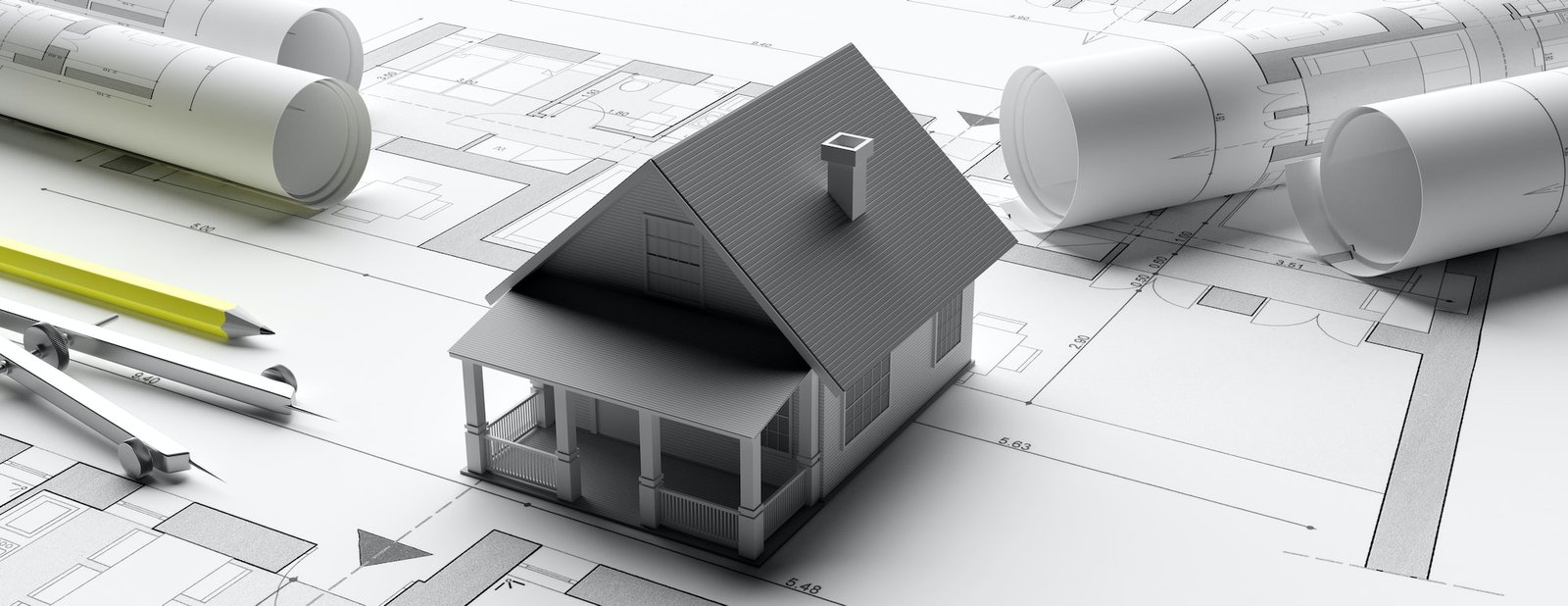 House model on blueprints background, engineer contractor office. 3d illustration